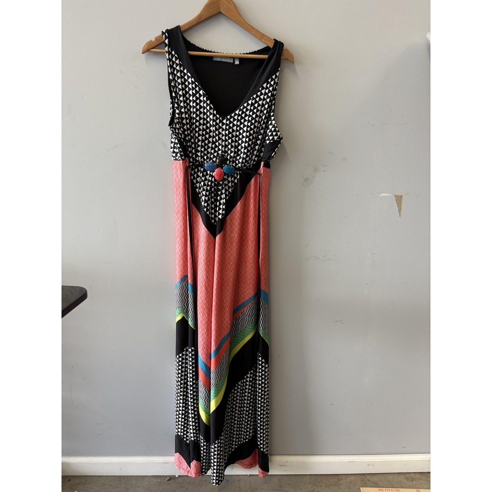 NY Collection Dress Womens XL Multicolor‎ Geometric Beaded V Neck Maxi Sundress